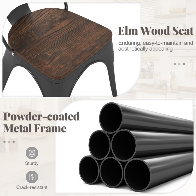 Black metal dining chair with elm wood seat, featuring a sturdy powder-coated frame and ergonomic design for comfort.