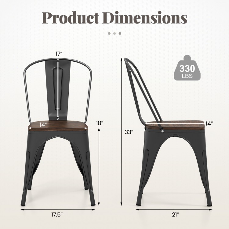 Dimensions of black Tolix style metal dining chair with wood seat, stackable design, supports up to 330 lbs.