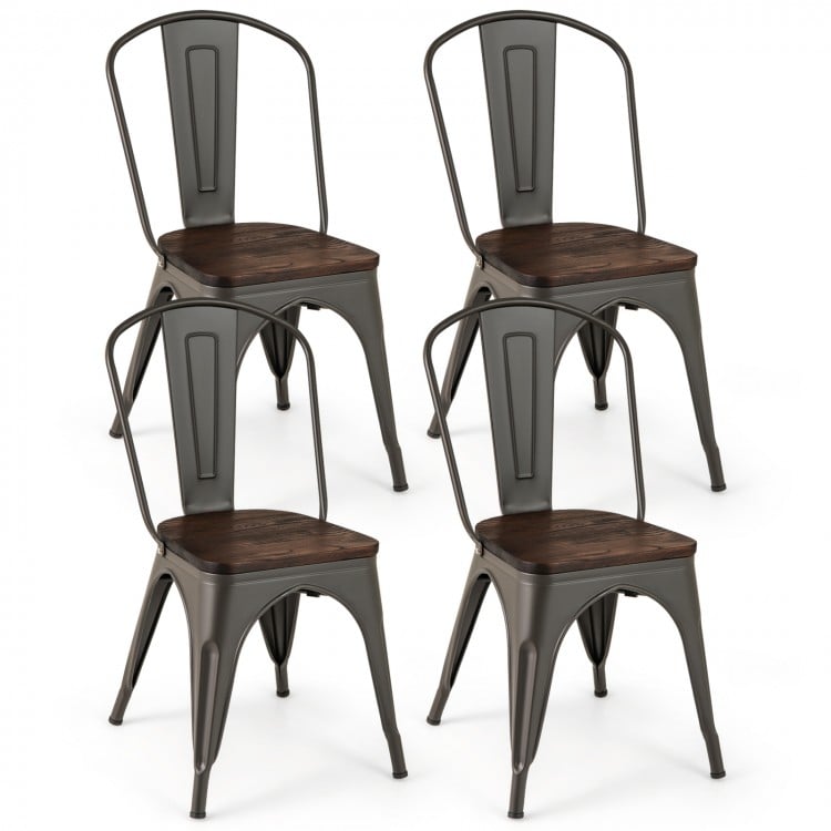 Set of 4 Tolix style metal dining chairs with wood seats in gun color, stackable for easy storage and stylish decor.