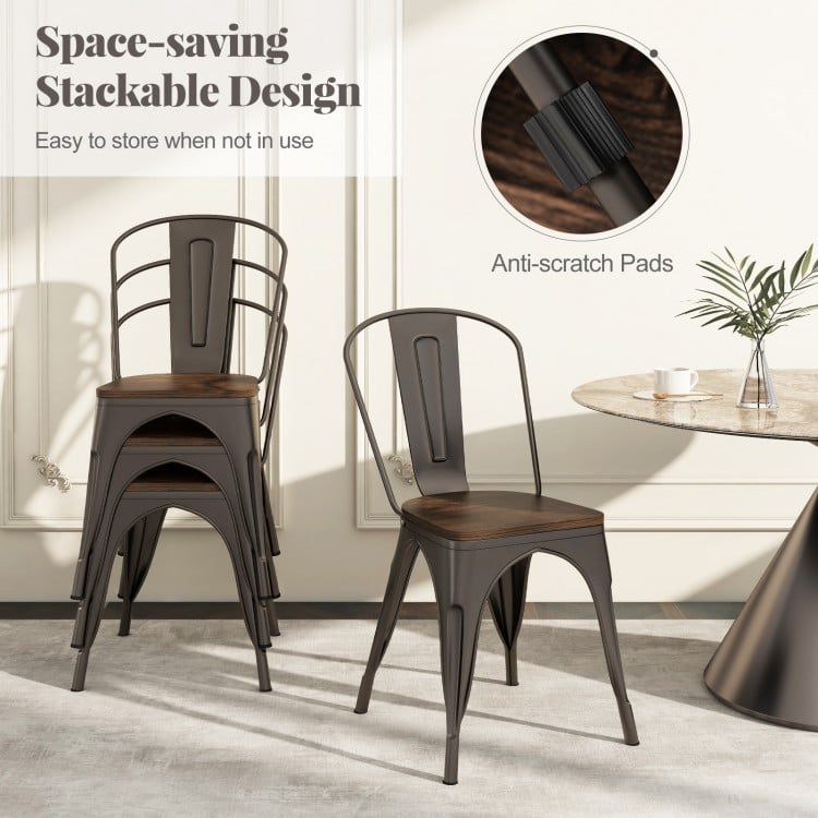Stackable metal dining chairs set of 4 with wood seats in gun color, featuring anti-scratch pads for easy storage.