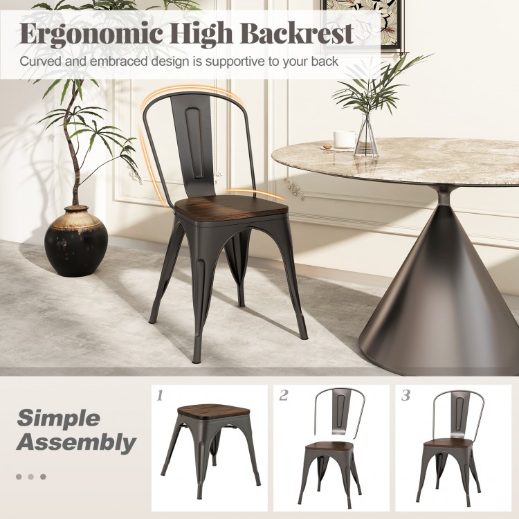 Metal dining chair with ergonomic high backrest and wood seat, ideal for stackable kitchen use and stylish decor.