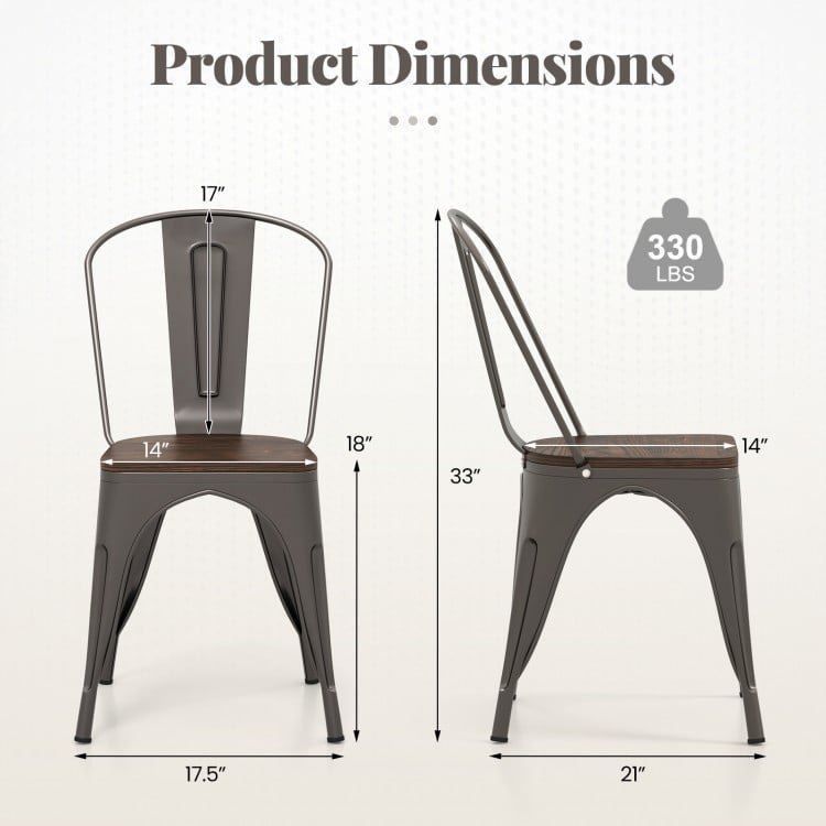 Dimensions of Tolix style metal dining chair with wood seat, stackable design, supports 330 lbs, ideal for kitchen use.