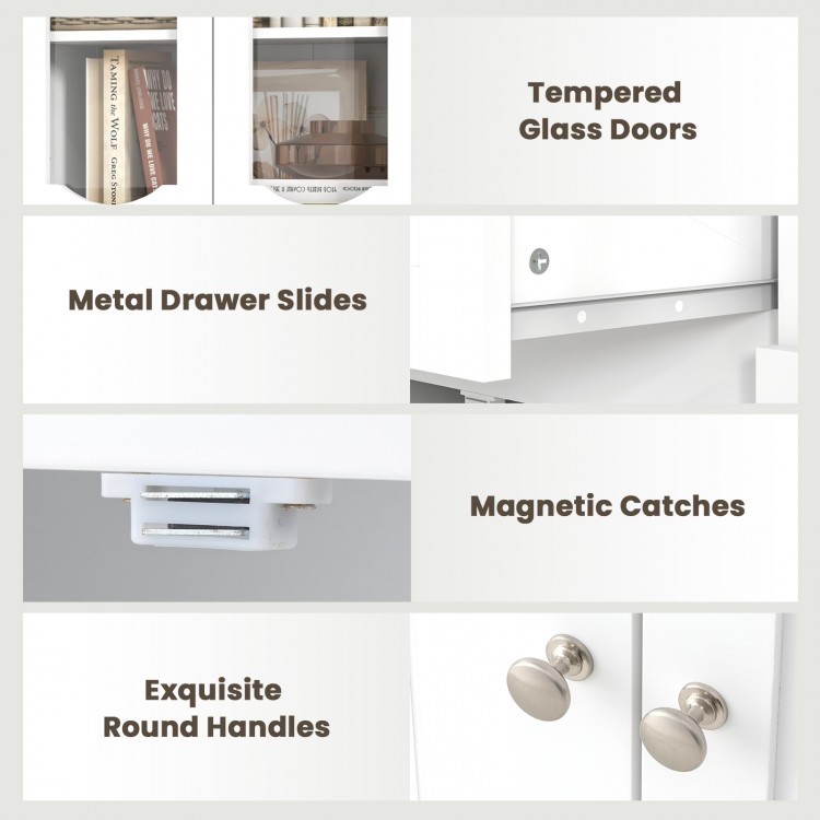 Detail of the 63-inch tall bathroom storage cabinet showcasing tempered glass doors and exquisite round handles.