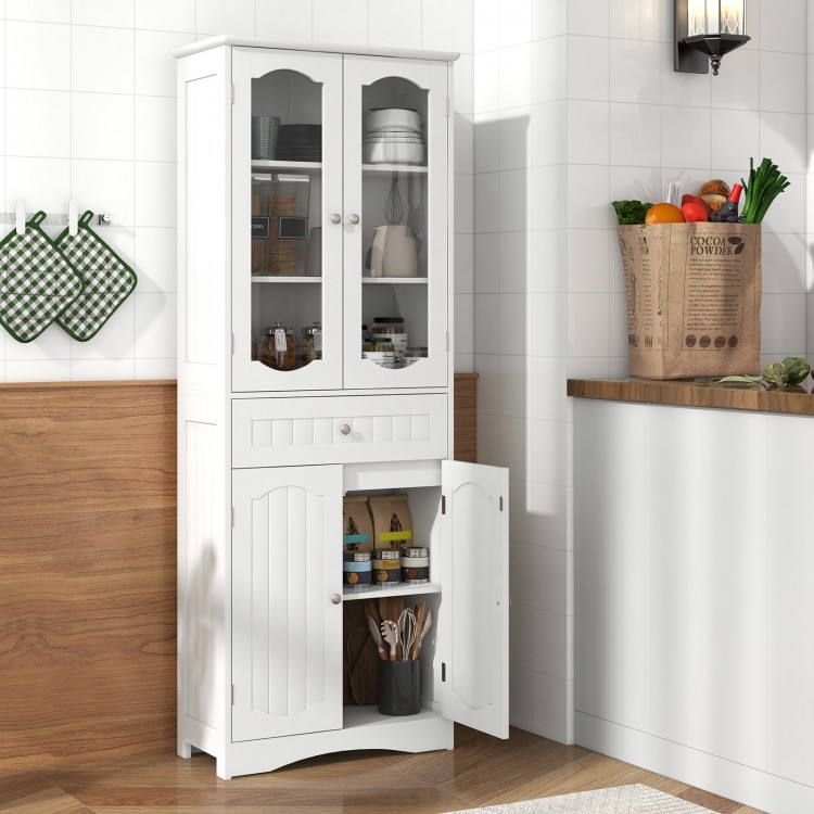 Tall white bathroom storage cabinet with 2 glass doors, adjustable shelves, and a large drawer for versatile.