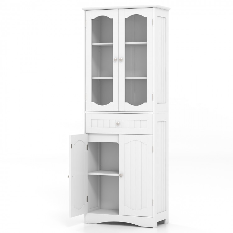 White bathroom storage cabinet featuring an open lower section and large drawer, ideal for versatile organization.