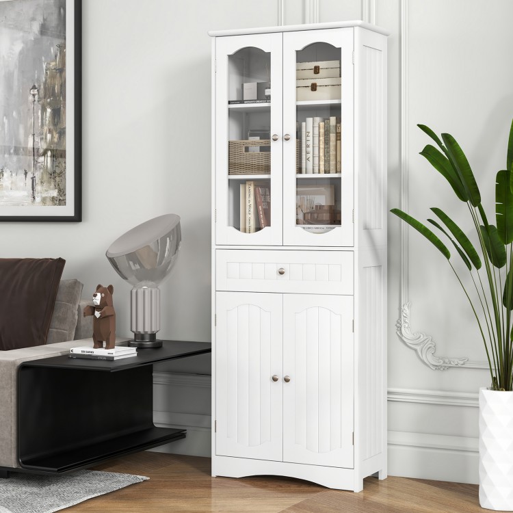 Full view of the 63-inch tall white bathroom storage cabinet featuring a large drawer and floor protective pads for.