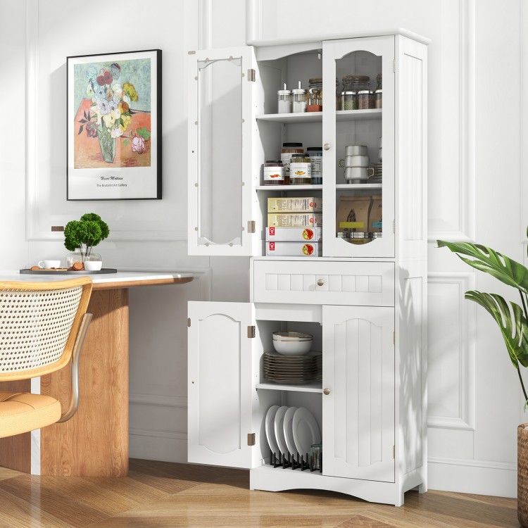 Close-up of the white bathroom storage cabinet's adjustable shelves and elegant glass door design for stylish.