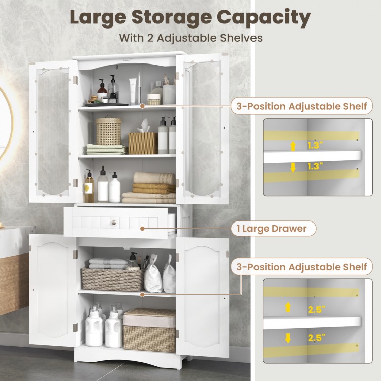 Tall white bathroom storage cabinet with 2 glass doors, large drawer, and 2 adjustable shelves for versatile.
