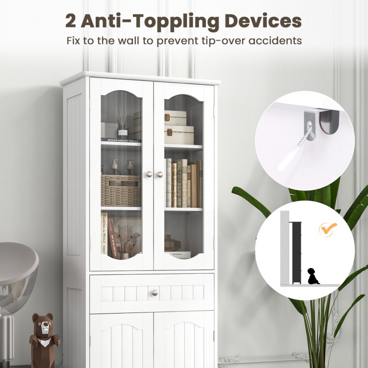 63-inch tall white bathroom storage cabinet with 2 glass doors, adjustable shelves, and anti-tipping devices for safety.