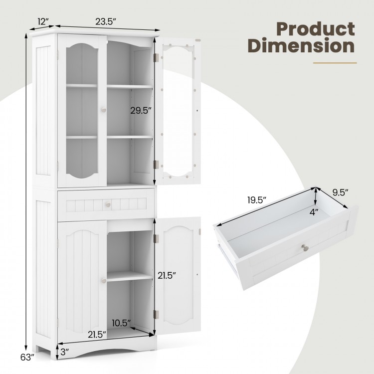 63-inch tall white bathroom storage cabinet with 2 glass doors, adjustable shelves, and a large drawer for versatile.