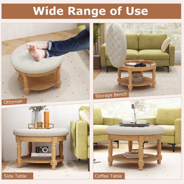 Beige tufted ottoman coffee table with flip-up top and 2-tier storage, perfect for living rooms and bedrooms.
