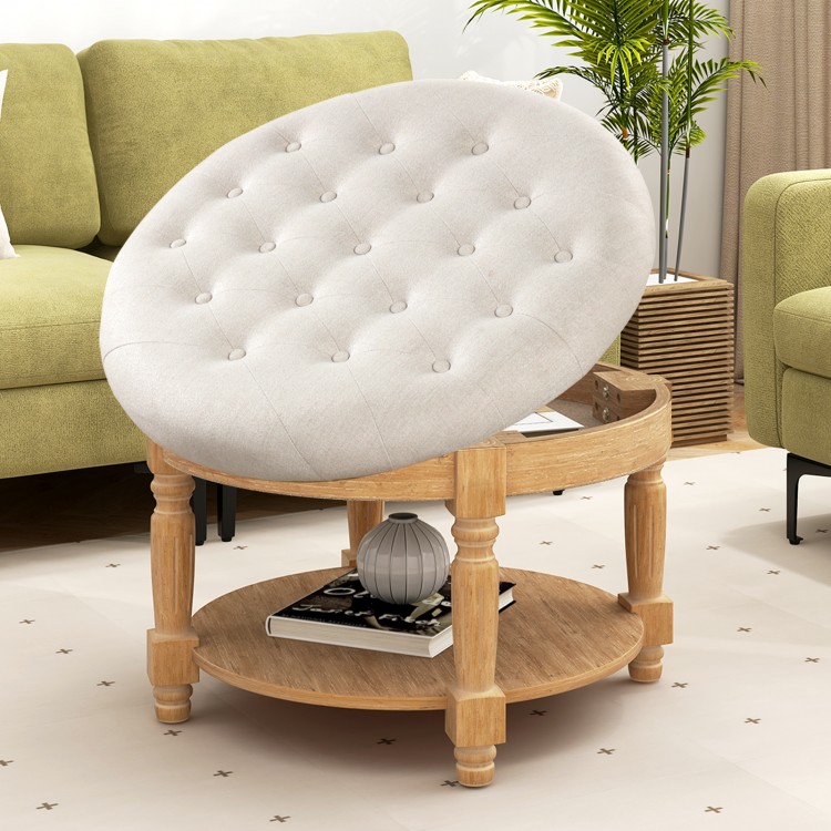 Large round tufted ottoman coffee table in beige with flip-top design and two-tier storage for versatile use.