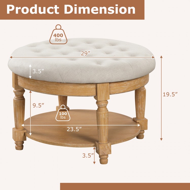 Beige 29-inch round tufted ottoman coffee table with flip-top and 2-tier storage, perfect for living rooms and bedrooms.
