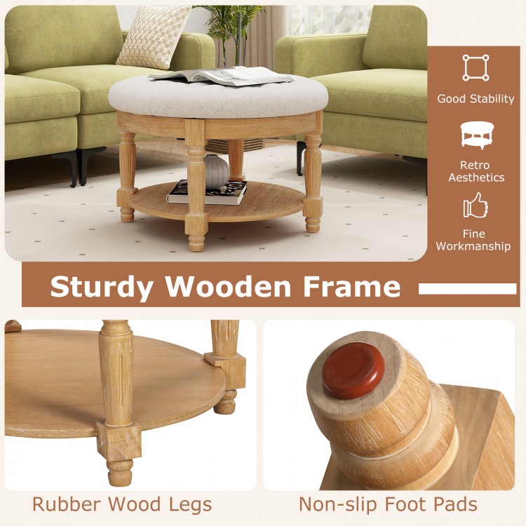 Large round tufted ottoman coffee table with beige upholstery, rubber wood legs, and 2-tier storage for versatile use.
