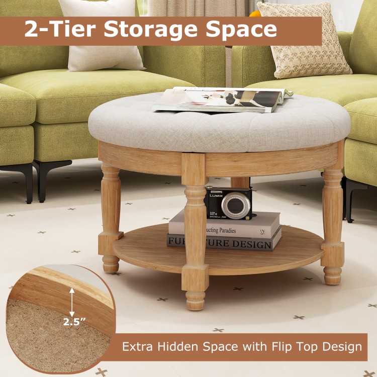 Large round tufted ottoman coffee table with flip-top design and 2-tier storage, perfect for living rooms and bedrooms.