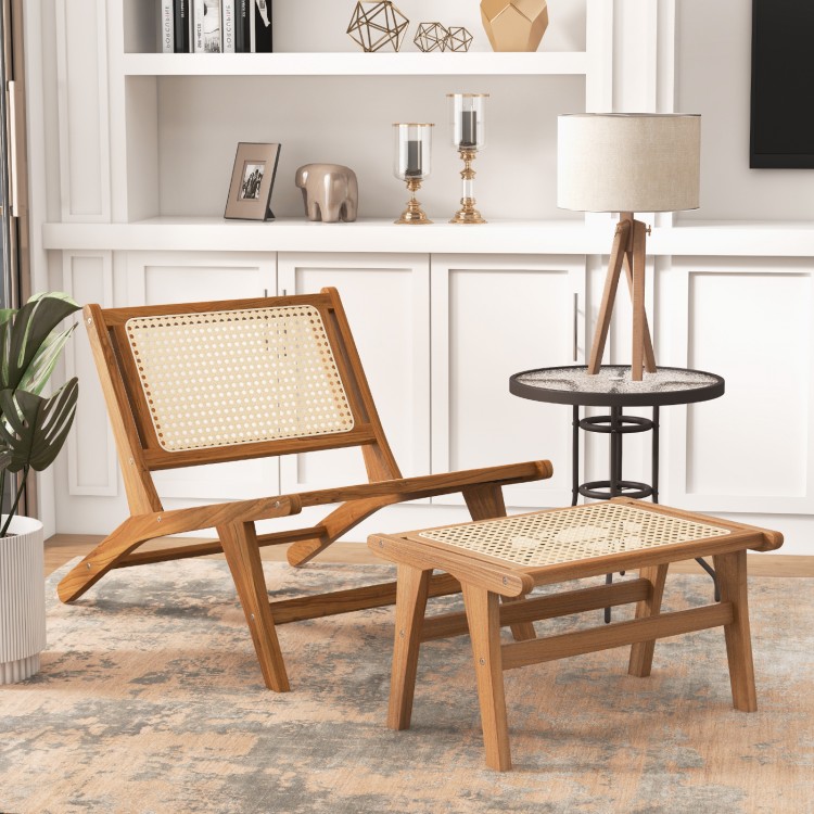 Mid Century Modern accent chair with handwoven rattan backrest and ottoman, crafted from durable Indonesian teak for.
