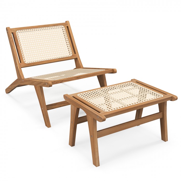 Mid Century Modern accent chair with handwoven rattan seat and ottoman, made from durable Indonesian teak for indoor.