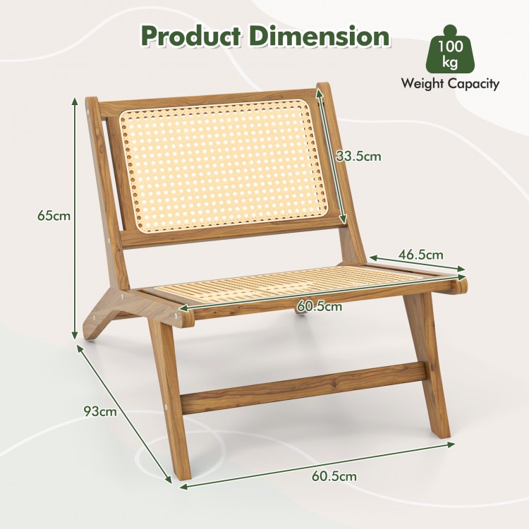 Mid Century Modern accent chair with handwoven rattan seat and backrest, featuring smooth edges and sturdy teak.
