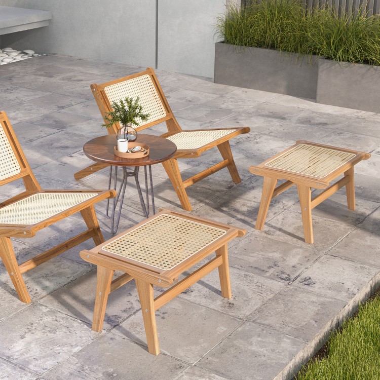 Mid Century Modern accent chair and ottoman set made from Indonesian teak with handwoven rattan, perfect for indoor use.