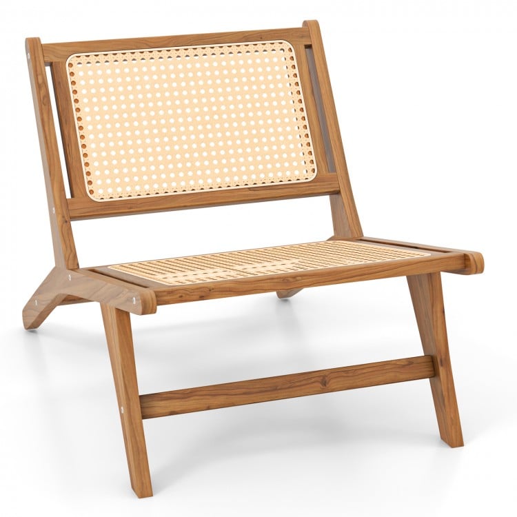 Teak wooden chair with handwoven rattan seat and backrest, featuring smooth edges and ergonomic design for indoor use.