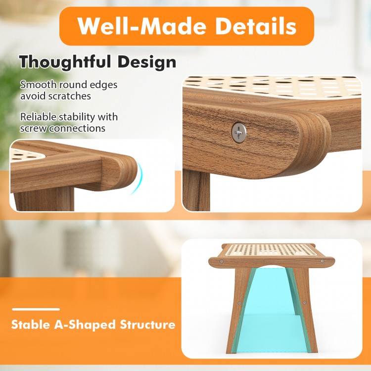 Natural teak wooden foot rest with handwoven rattan, featuring smooth edges and stable A-shaped structure for versatile.