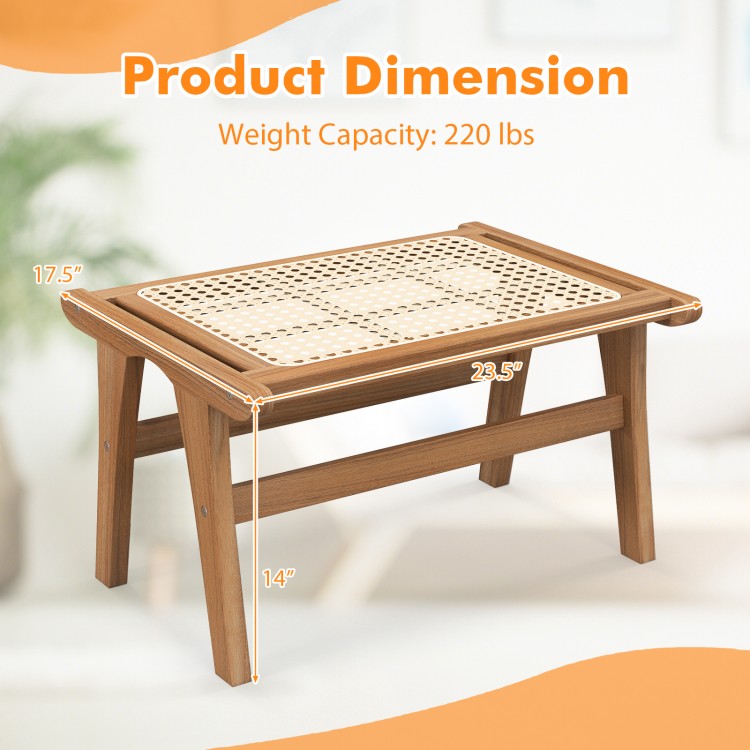 Natural teak wooden foot rest with handwoven rattan surface, dimensions 28.5" x 17.5" x 14", ideal for indoor use.