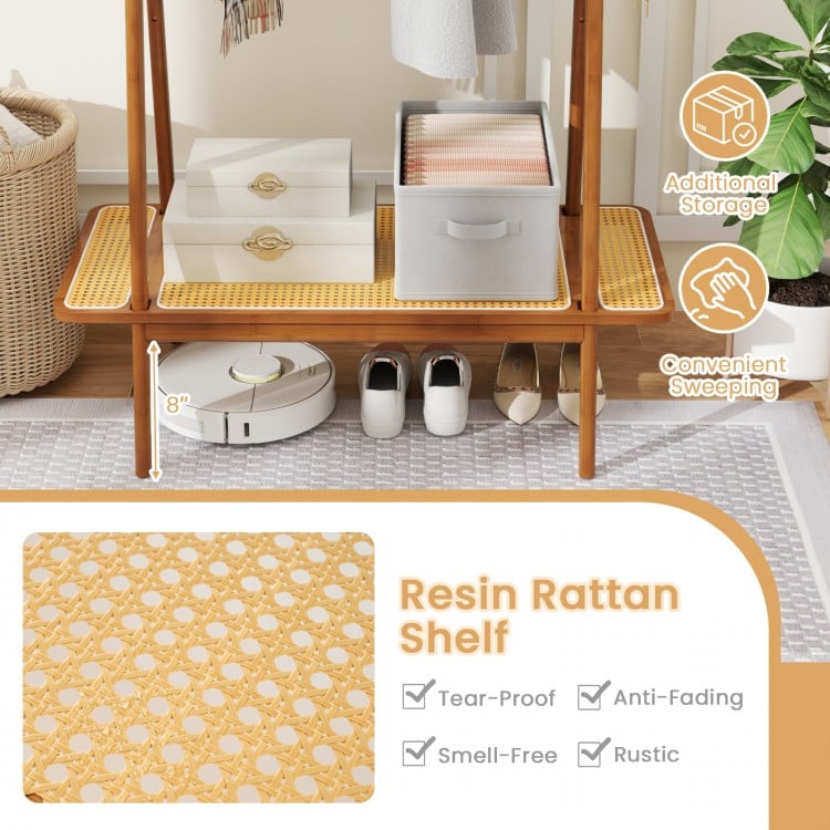 Rustic resin rattan shelf on a bamboo clothes rack, featuring a strong hanging rod and ample storage for entryway.