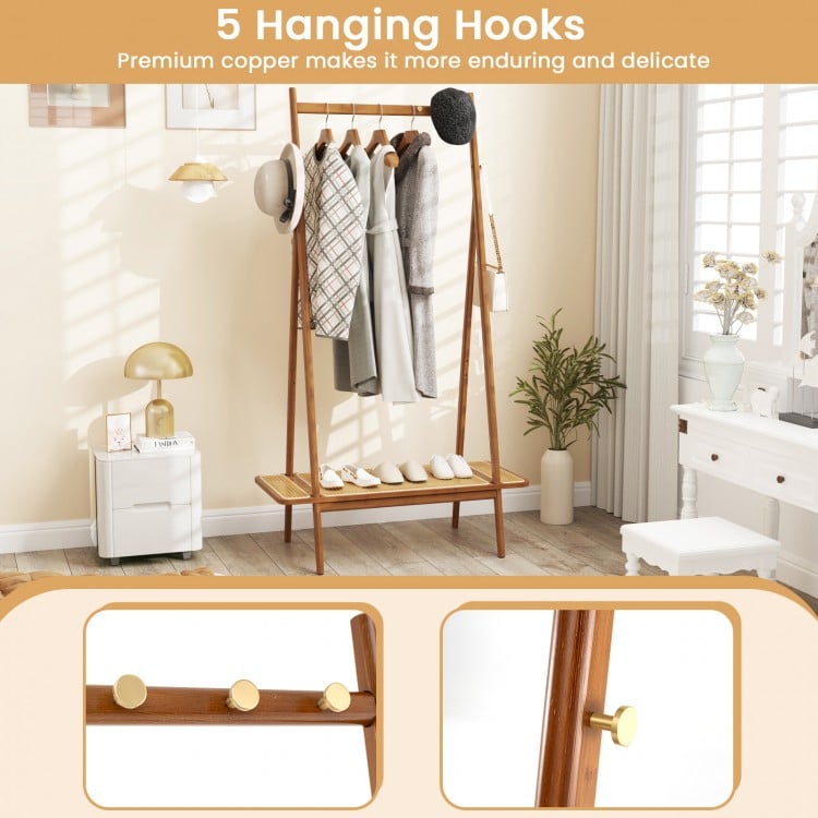 Bamboo clothes rack with 5 copper hooks and rattan shelf, ideal for organizing coats, hats, and shoes in any room.
