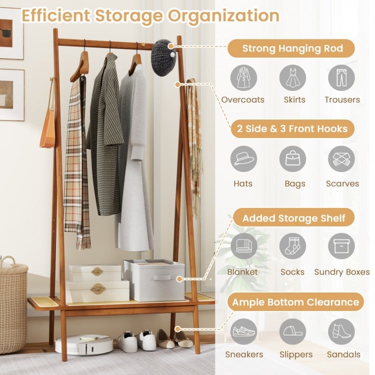 Bamboo clothes rack with strong hanging rod, rattan shelf, and copper hooks for organized entryway storage.