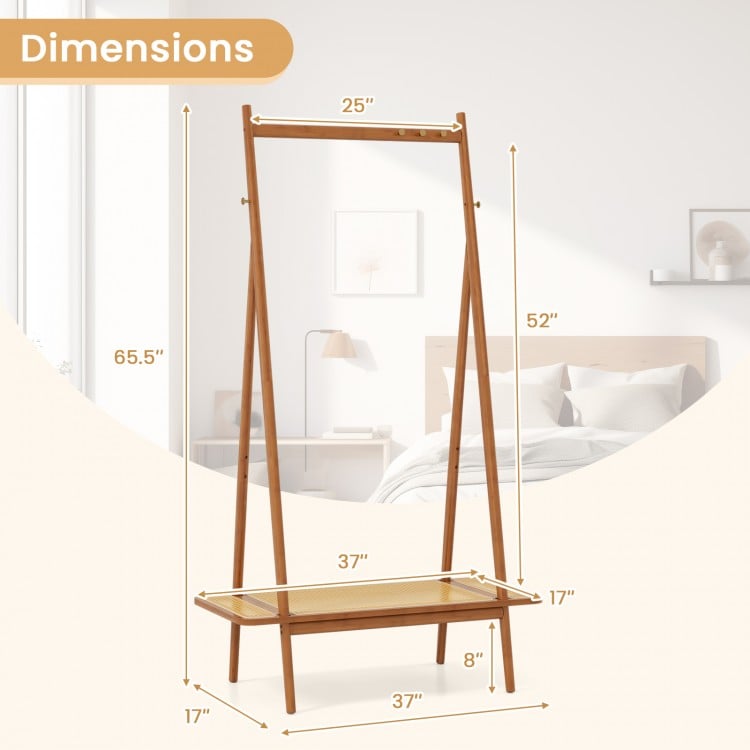 Bamboo clothes rack with hanging rod, rattan shelf, and copper hooks, measuring 65.5" tall, ideal for entryway storage.