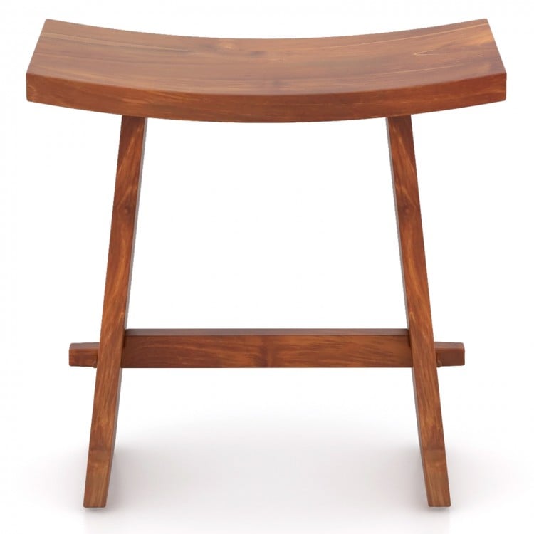 Curved seat shower stool made of solid teak wood, fully assembled, ideal for indoor and outdoor use.