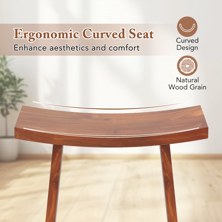 Curved seat detail of a 20-inch shower stool made from solid teak wood, enhancing comfort and aesthetics for indoor use.