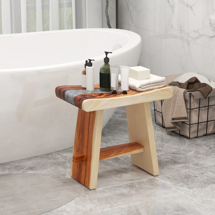 Shower stool with curved seat, solid teak wood, epoxy finish, perfect for bathroom or outdoor use.