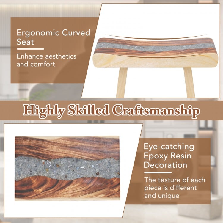 Close-up of the epoxy resin decoration on the shower stool, showcasing unique textures and elegant teak wood.