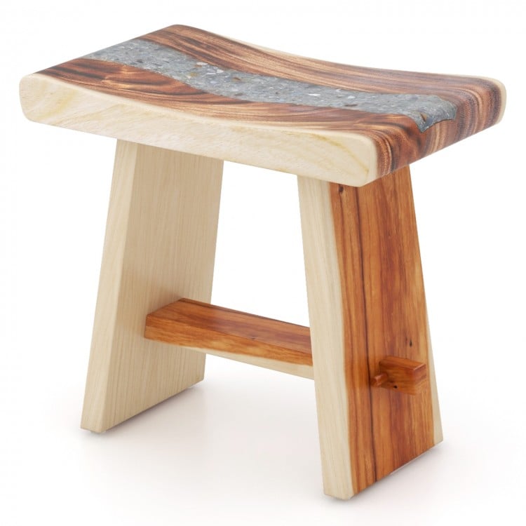 Shower stool featuring a sleek epoxy finish and solid teak wood, designed with a compact structure for versatile.