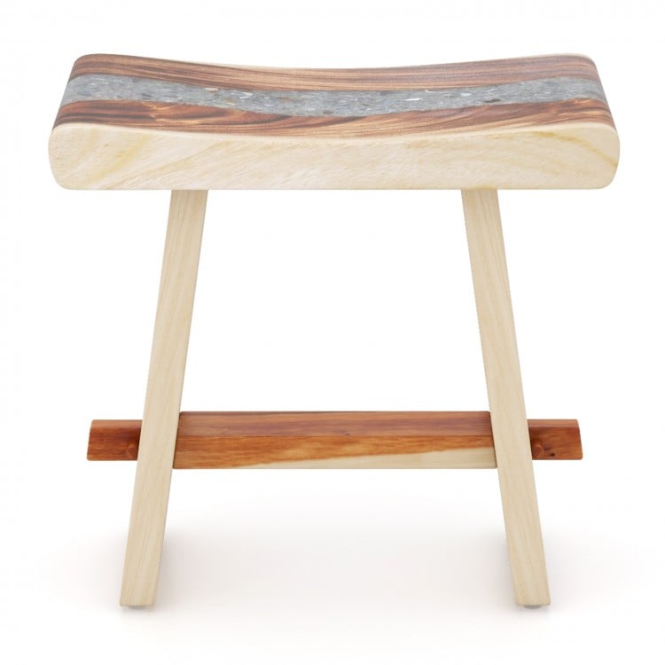 Curved seat shower stool made of solid teak wood with epoxy finish, featuring non-slip foot pads for stability.
