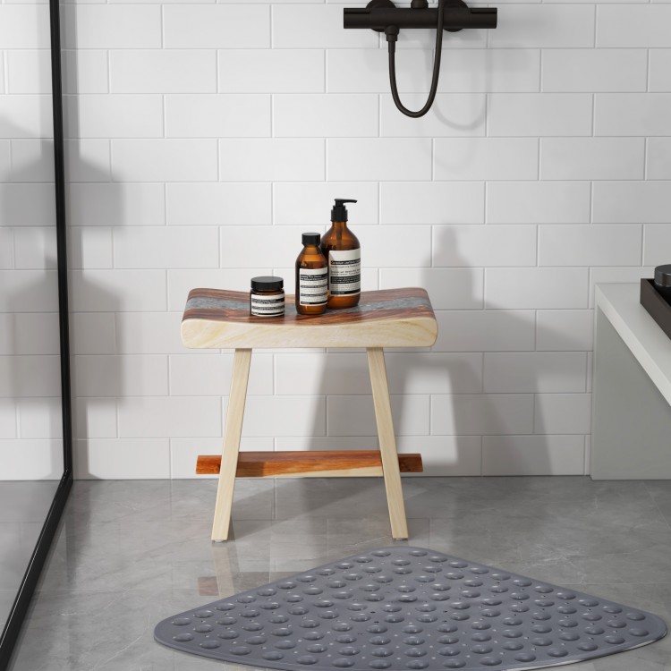 Curved seat shower stool in solid teak wood with epoxy finish, perfect for indoor or outdoor use.