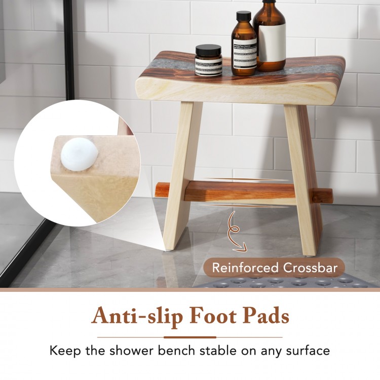Curved seat shower stool in solid teak wood with epoxy finish and non-slip foot pads for stability and elegance.