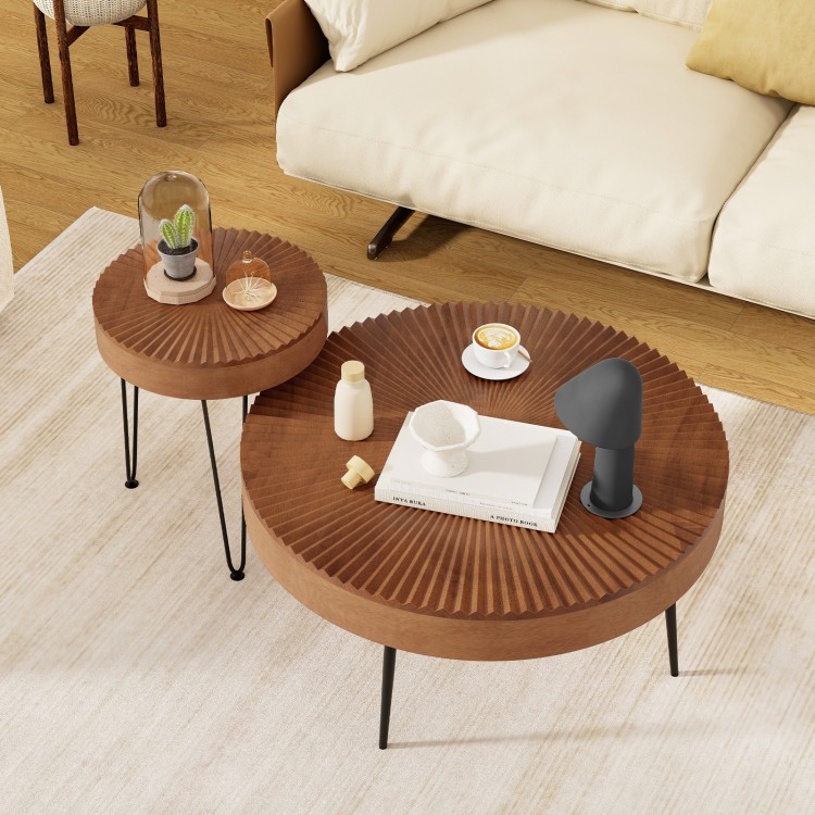 Set of 2 Boho round coffee tables with solid pine wood tops and metal legs, perfect for stylish living room decor.