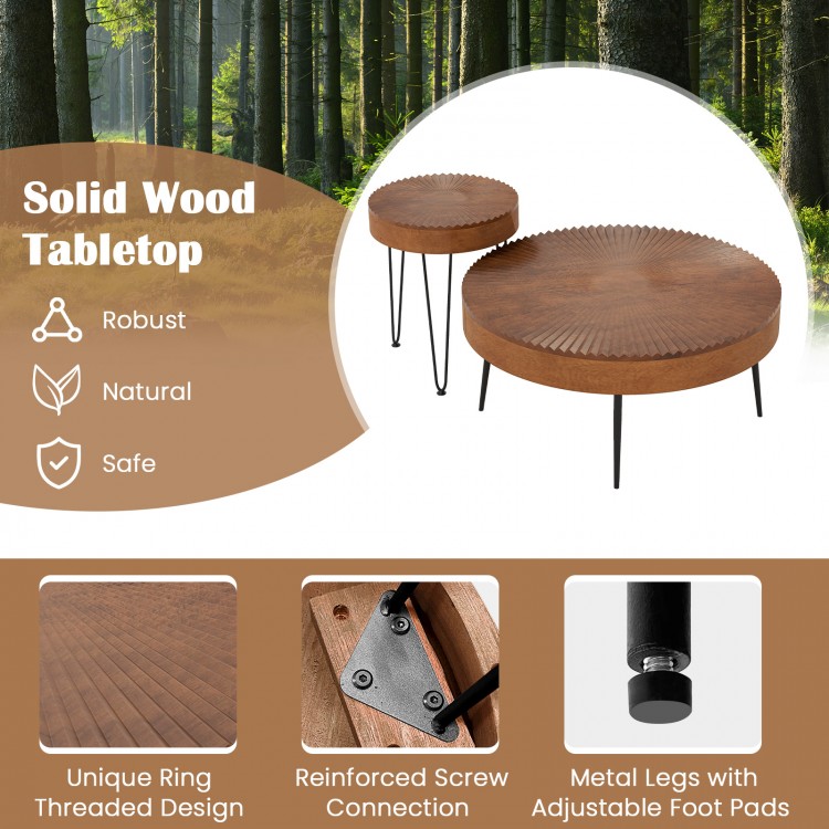 Set of 2 Boho round coffee tables with solid pine wood tops and metal legs, perfect for versatile home decor.