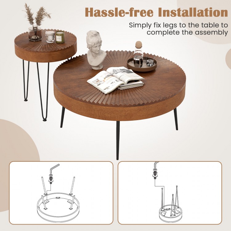 Boho round coffee tables set with solid pine wood tops and metal legs, perfect for versatile home decor and easy.