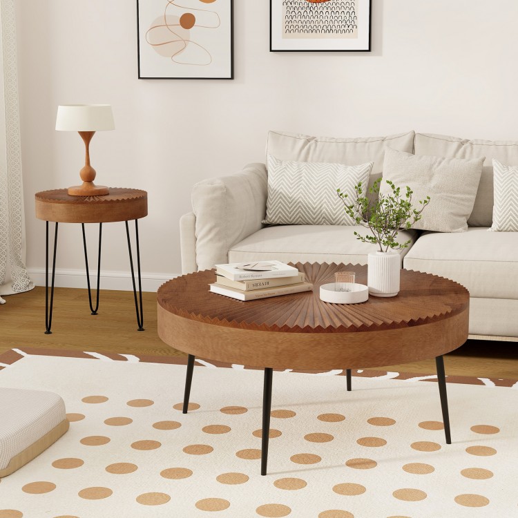 Boho round coffee table set with solid pine wood top and metal legs, perfect for stylish living room decor.