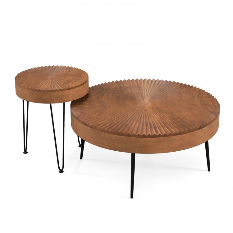 Set of 2 Boho round coffee tables with solid pine wood tops and metal legs, perfect for versatile living room decor.