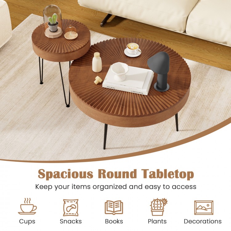 Set of 2 boho round coffee tables with solid pine wood tops and metal legs, perfect for cups, plants, and magazines.