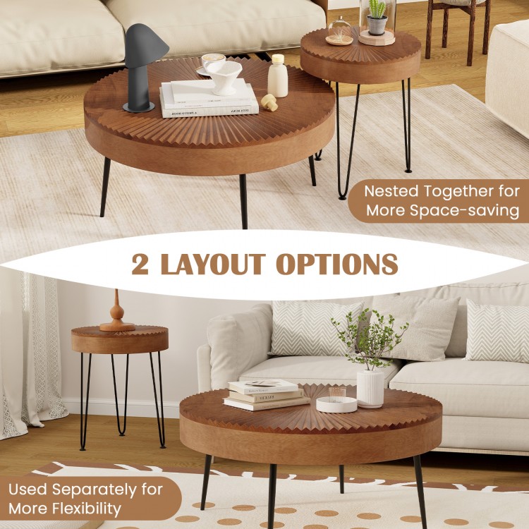 Boho round coffee tables with solid pine wood tops and metal legs, nested for space-saving or used separately.