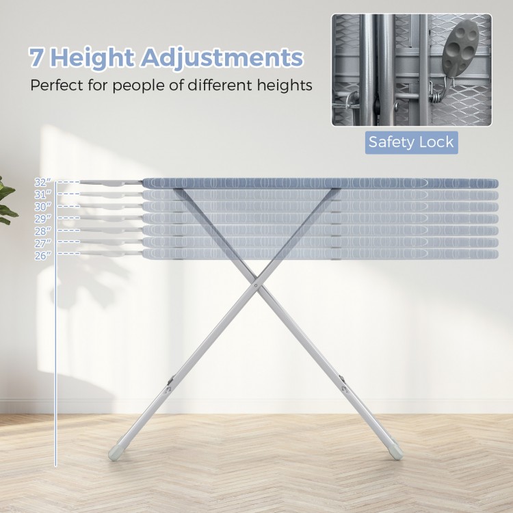 Ironing board with 7 height adjustments, gray fabric cover, and safety lock for stability, ideal for various user.