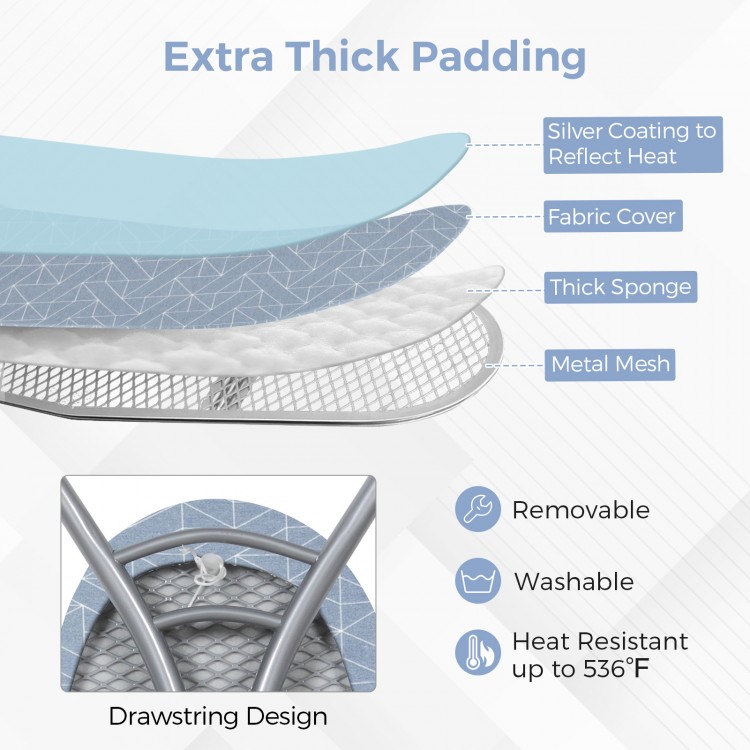 Close-up of the multi-layer design of a 48-inch ironing board featuring thick sponge, metal mesh, and washable fabric.