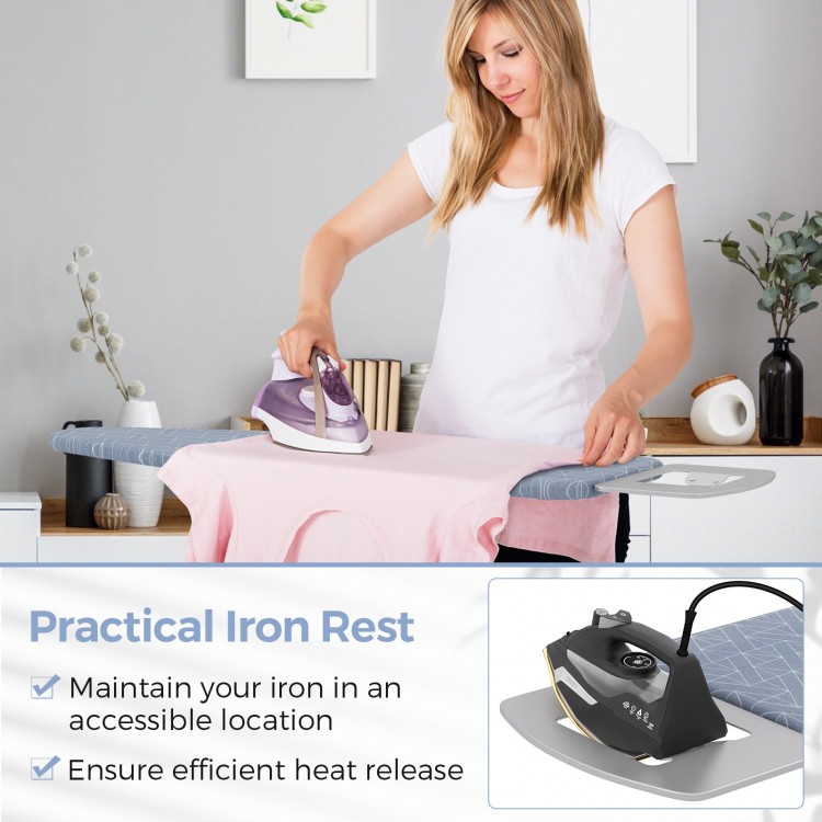 Gray ironing board with practical iron rest, featuring 7 height adjustments and sturdy metal structure for efficient.