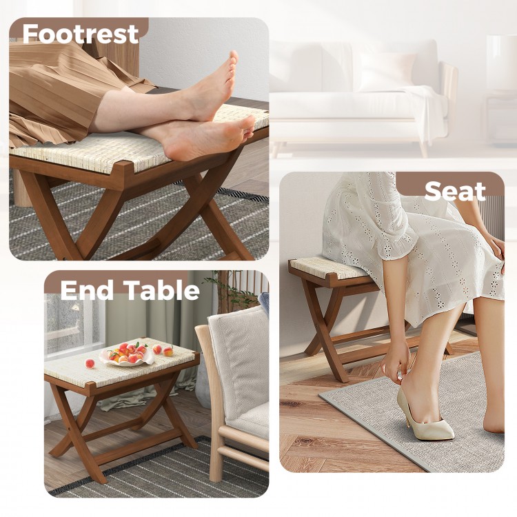 Folding natural rattan ottoman with hand-woven seat, showcasing footrest, end table, and seat functionality for.