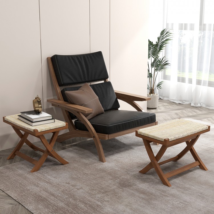 Folding natural rattan ottoman with hand-woven seat, crafted from teak wood, perfect for space-saving and comfort.